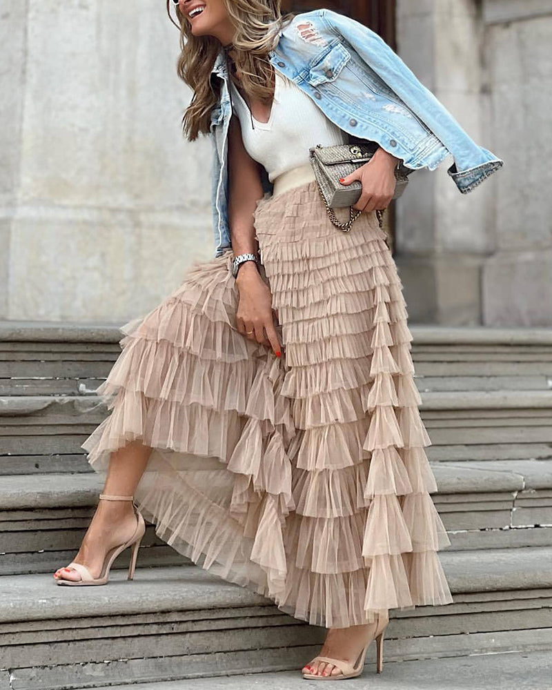 A-Line Patchwork Mesh Cake Skirt Casual Solid Color High Waist Loose Ruffled Pleated Long Tulle Skirt