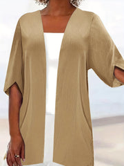 Plus Size Casual Coat, Women's Plus Solid Half Sleeve Open Front Loose Cardigan