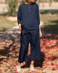 Casual Button Long Sleeve Solid Color Round Neck Tops and Pockets Pants Set