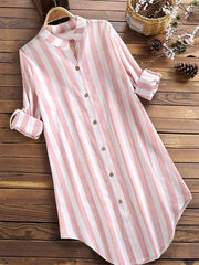 Stand-Up Collar Long-Sleeved Striped Leisure Vacation Cotton And Linen Dress