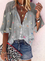 Shirt Collar Floral 3/4 Sleeve Blouse