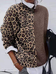 Solid color Mosaic leopard printed sweater casual long sleeve sweaters