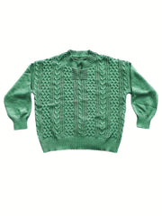 Plus Size Casual Sweater, Women's Plus Solid Jacquard Long Sleeve Notched Neck Slight Stretch Sweater