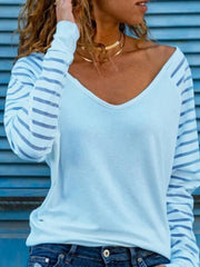 Solid V neck Long Sleeve Casual T-Shirts