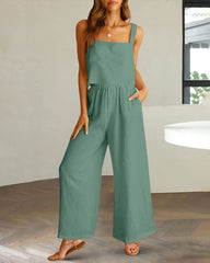 2 Piece Outfits Square Neck Tank Crop Top Wide Leg Pants Matching Lounge Set Tracksuit