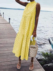 Fashion Women sleeveless wave point Big Hem Maxi dress