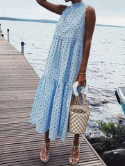 Fashion Women sleeveless wave point Big Hem Maxi dress