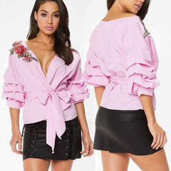 Fashion V neck Gored Embroidery Lacing Half sleeve Blouses