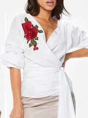 Fashion V neck Gored Embroidery Lacing Half sleeve Blouses