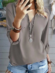 Fashion V neck chiffon zipper design plain long sleeve women blouses