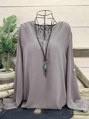 Fashion V neck chiffon zipper design plain long sleeve women blouses