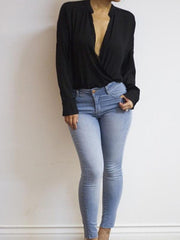 Stand up collar Long Sleeve Women Casual Loose Plain Blouse