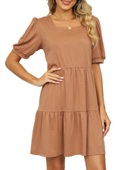 Solid Color Square Neck Short Sleeve Loose Stitching Mini Dress