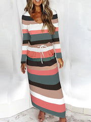 Fashion stripe v neck long sleeve tie waist long dress for women maxi dresses