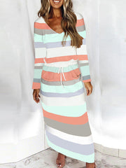 Fashion stripe v neck long sleeve tie waist long dress for women maxi dresses