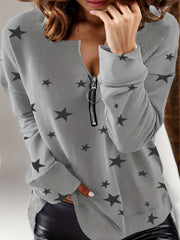 Plus Size Casual Top, Women's Plus Star Print Zip Up Long Sleeve Round Neck Slight Stretch Top