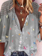 Shirt Collar Floral 3/4 Sleeve Blouse