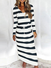 Fashion stripe v neck long sleeve tie waist long dress for women maxi dresses