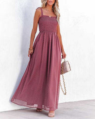 Boho Spaghetti Strap Square Neck Polka Dot Flare Beach Maxi Dress