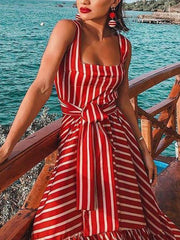 Sleeveless Striped Skater Long Vacation Dresses