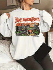 Plus Size Halloween Casual Sweatshirt, Women's Plus Graphic & Art Letter Print Long Sleeve Round Neck Sweatshirt