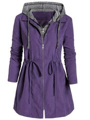 Plus Size Casual Coat, Women's Plus Colorblock Double Zip Up Long Sleeve Drawstring Nipped Waist Ruched Hooded Coat