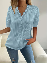 Plus Size Elegant Blouse, Women's Plus Solid Contrast Lace Ribbed Puff Sleeve V Neck Shirt Top