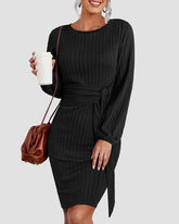 Casual Long Lantern Sleeve Bodycon Dress Tie Waist Rib Knitted Sweater Dresses