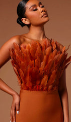 SLEEVELESS BACKLESS FEATHER-DECORATED SLIM MIDI DRESS IN BROWN