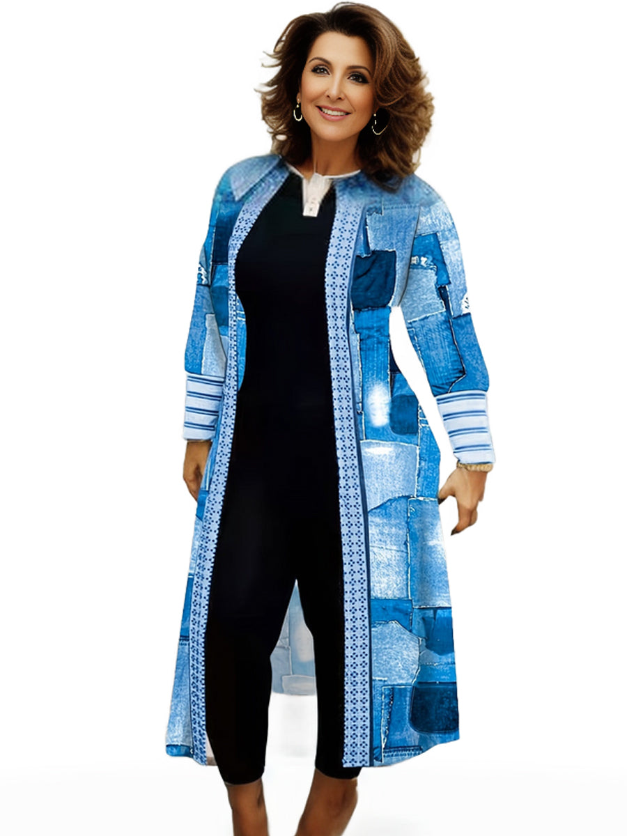 Plus Size Colorblock Longline Coat, Women's Plus Slight Stretch Casual Trench Coat