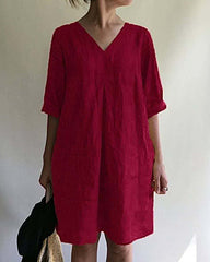 Casual Loose Short Sleeve V-Neck Cotton Linen Dress