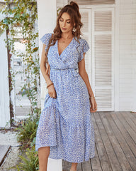 Boho Floral Print Ruffle Short Sleeve Dress Wrap V Neck Midi Loose Casual Dresses with Belt