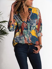 Spring Fashion Turn Down Flower Printed Vintage Blouses