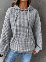 Plus Size Casual Sweatshirt, Women's Plus Solid Waffle Long Sleeve Drawstring Hooded Pullover Sweatshirt With Kangaroo Pockets, Casual Tops For Fall & Winter, Women's Clothing