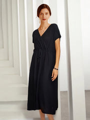V-Neck Solid Color Waist Knitted Loose Casual Midi Dress