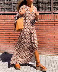 Boho Geometric Figure V Neck Long Sleeve Split-Side Long Dresses