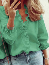 Plus Size Casual Blouse, Women's Plus Plain Ruffle Trim Lantern Sleeve V Neck Blouse