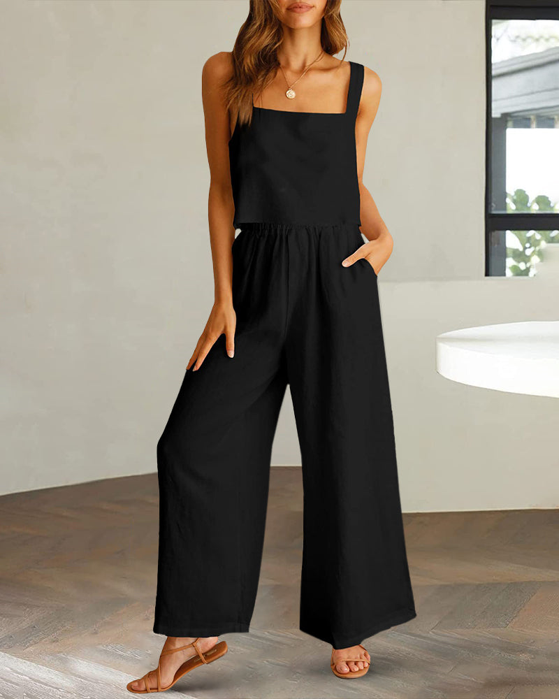 2 Piece Outfits Square Neck Tank Crop Top Wide Leg Pants Matching Lounge Set Tracksuit