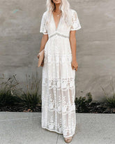 Boho Maxi Dress Embroidery White Lace Loose Holiday Beach Maxi Dress
