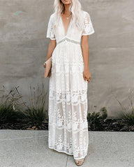 Boho Maxi Dress Embroidery White Lace Loose Holiday Beach Maxi Dress