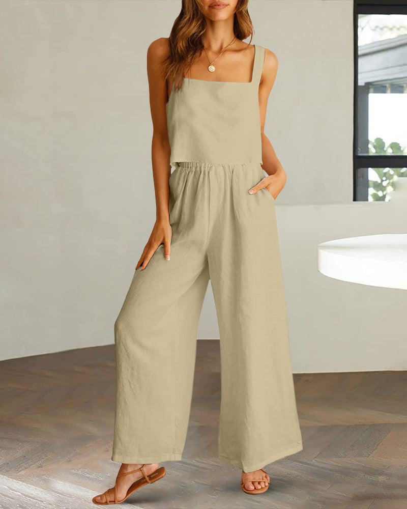 2 Piece Outfits Square Neck Tank Crop Top Wide Leg Pants Matching Lounge Set Tracksuit