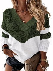 Plus Size Casual Sweater, Women's Plus Colorblock Leopard Print V Neck Long Sleeve Pullover Sweater