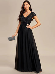 Empire Waist V-Neck Cap Sleeve Chiffon Evening Dress