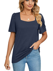 Solid Square Neck Short Sleeve Loose T-Shirt