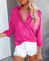 Button Down Shirt Loose Lapel Plain Satin Blouse with Pocket