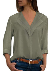 Solid Chiffon Casual Shawl Collar Blouse