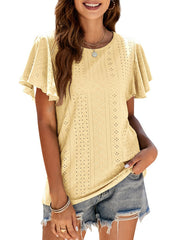 Hollow Ruffle Sleeve Casual Round Neck T-Shirt