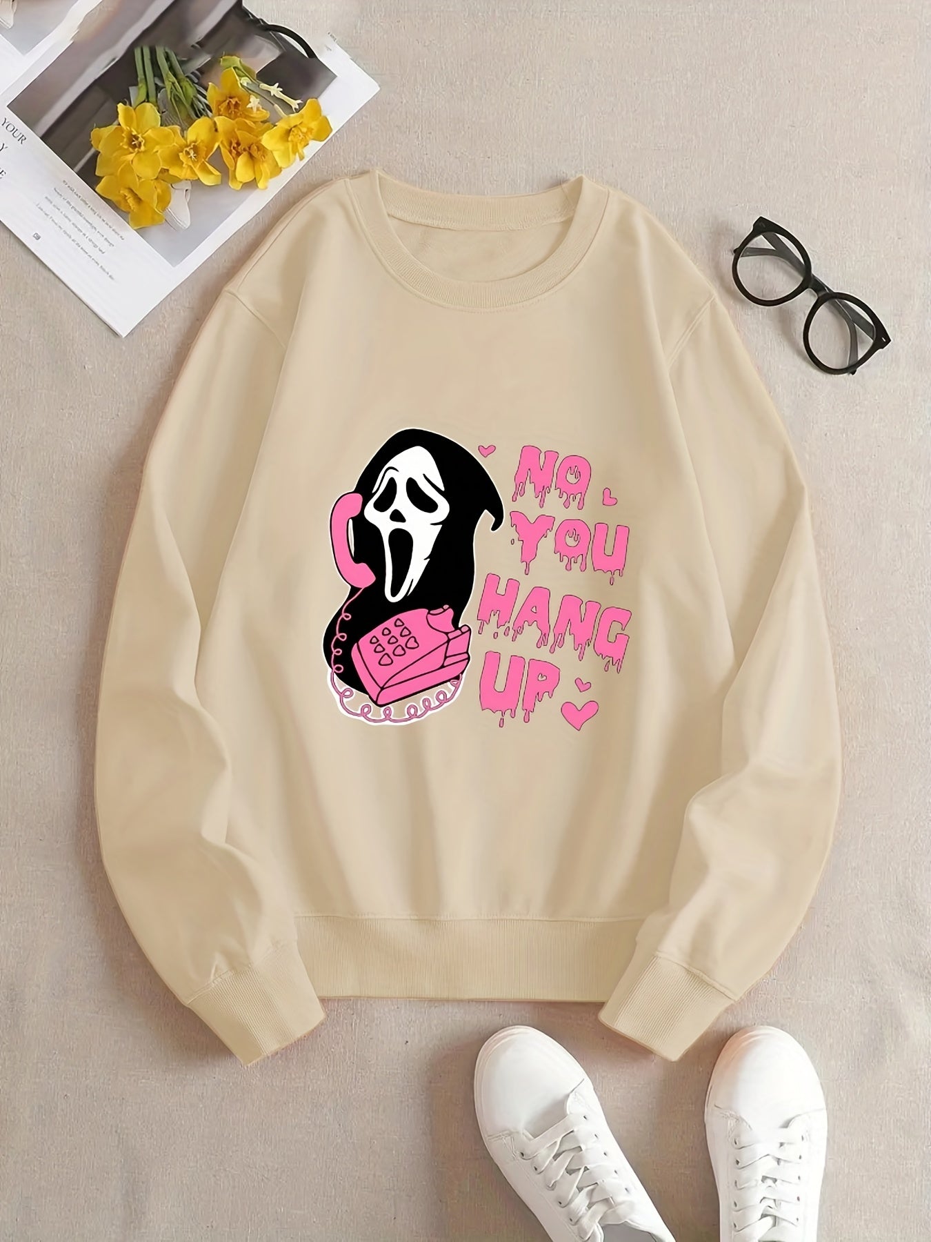Plus Size Halloween Casual Sweatshirt, Women's Plus Skull & Slogan Print Long Sleeve Round Neck Slight Stretch Sweatshirt
