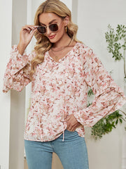 Long Sleeve Floral Printed Loose Chiffon T-Shirt