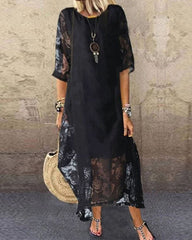 3/4 Sleeve Floral Lace Mesh Crew Neck Long Dress